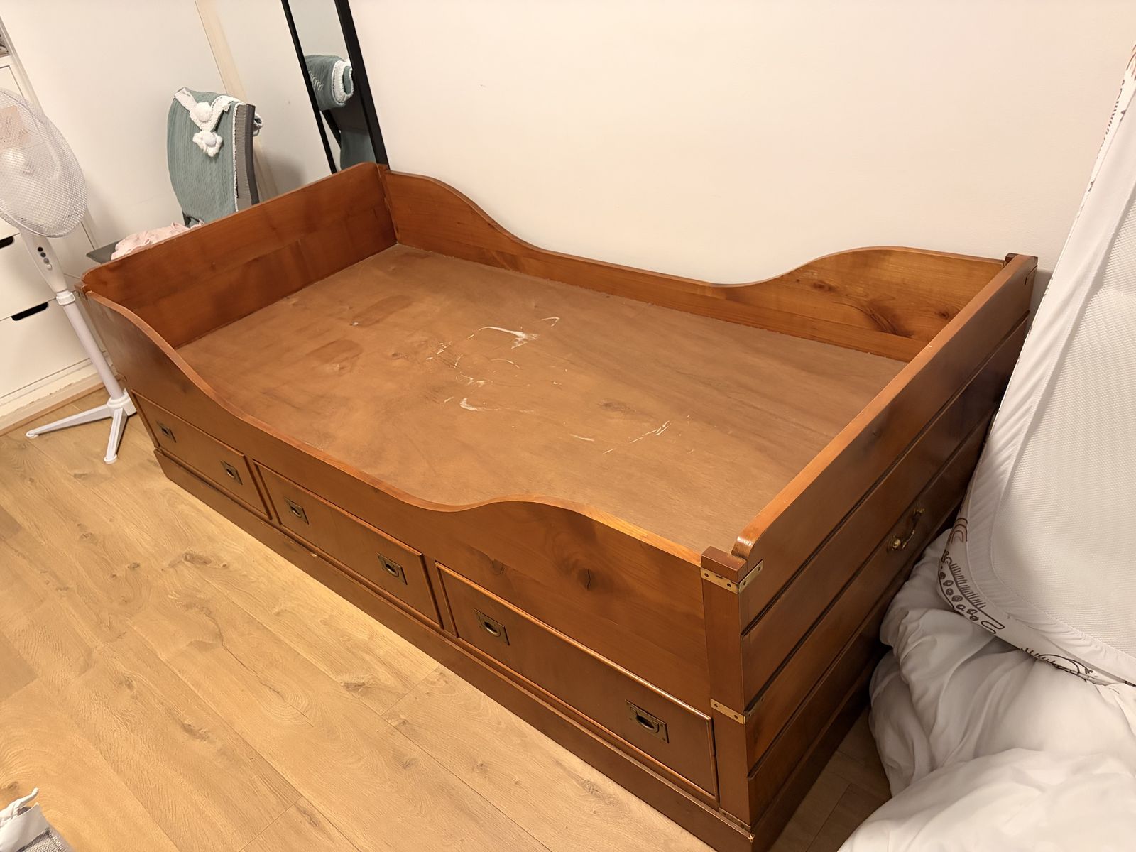 photo for sale Simon Horn Solid Wood Sleigh Bed With Three Drawers – Vintage British Design