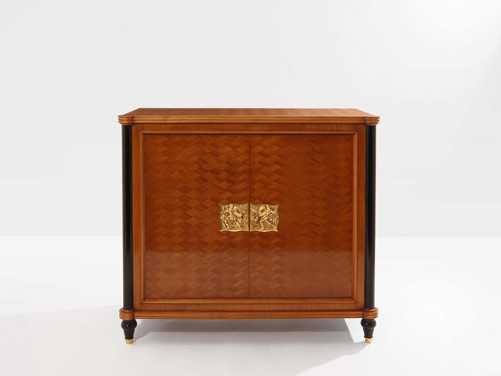 photo for sale Cabinet deux portes Jules Leleu en marqueterie de bois de cerisier et bronze, 1940