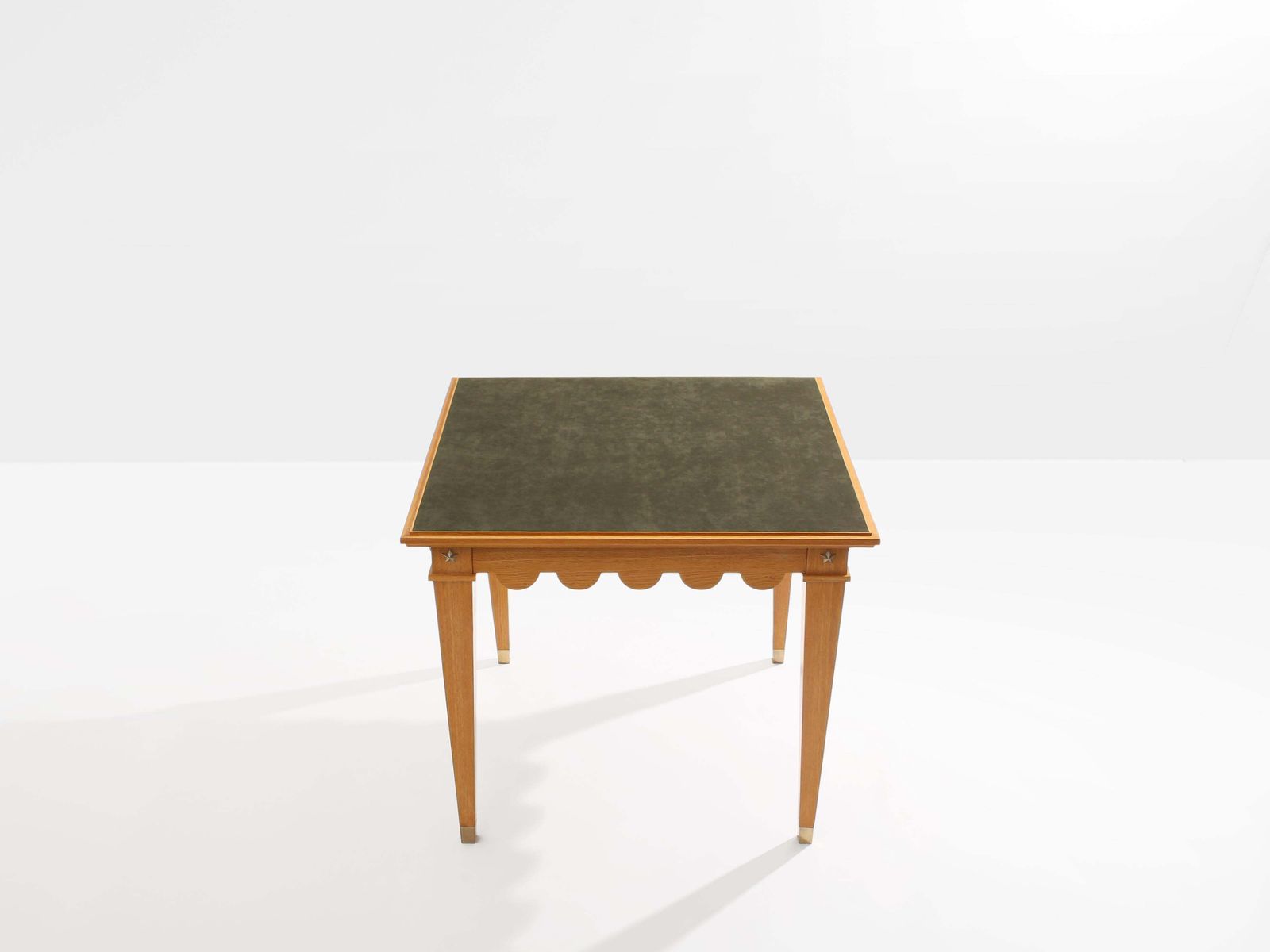 Maxime Old French Oak Wood Brass Green Suede Game Table 1940 photo for sale