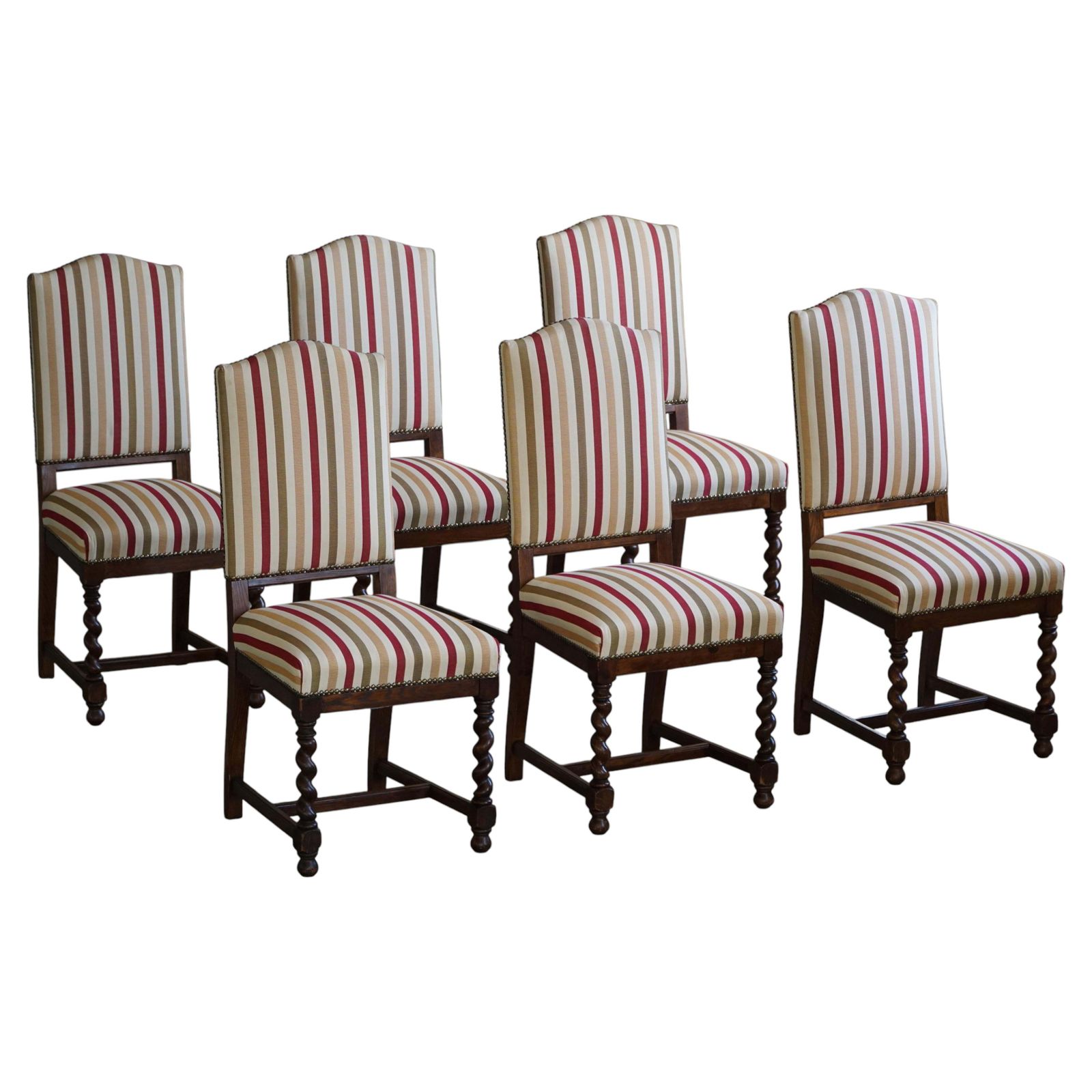 Set Of 6 Swedish Baroque Style Dining Chairs In Oak, Early 20th Century