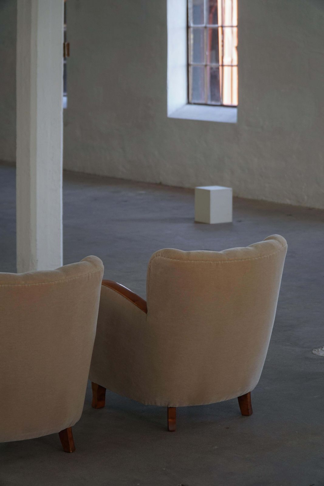 Pair Of Danish Modern Art Deco Lounge Chairs, Reupholstered, Mohair & Elm, 1940s photo vinterior