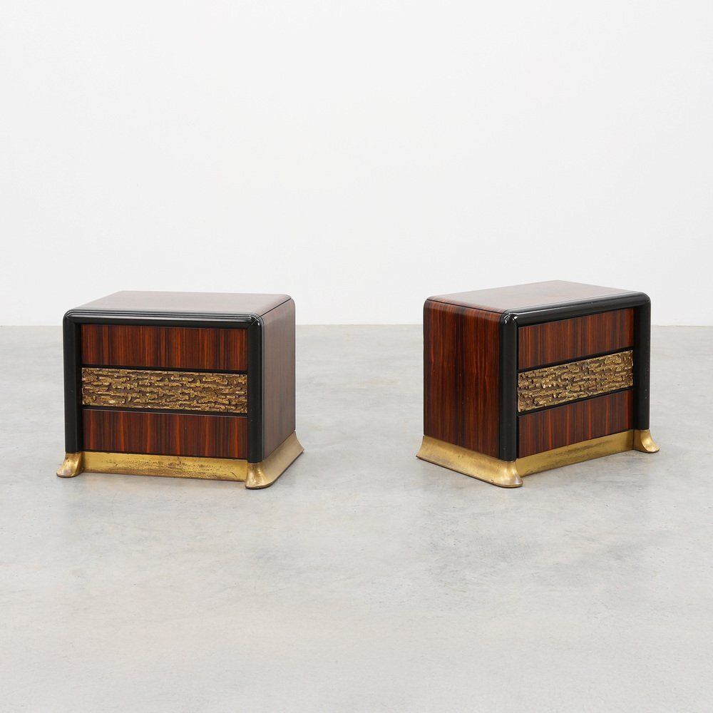 Nightstands In Wood With Brass Relief, Italy 1970s, Set Of 2