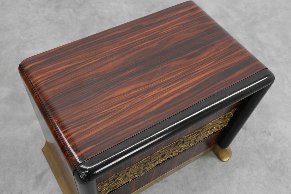 photo for sale Nightstands In Wood With Brass Relief, Italy 1970s, Set Of 2