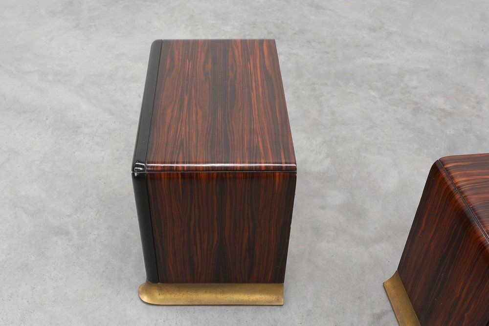 Furniture Nightstands In Wood With Brass Relief, Italy 1970s, Set Of 2 photo