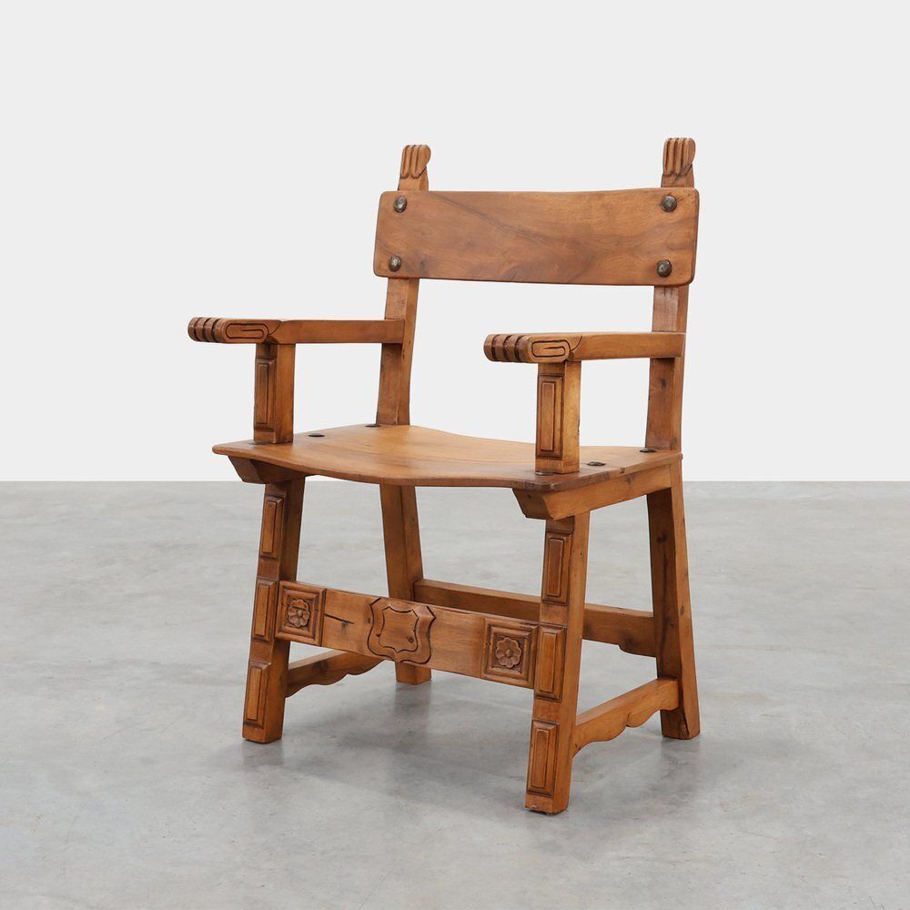 Rustic Carved Oak Iberian Side Chair, Spain, 1900
