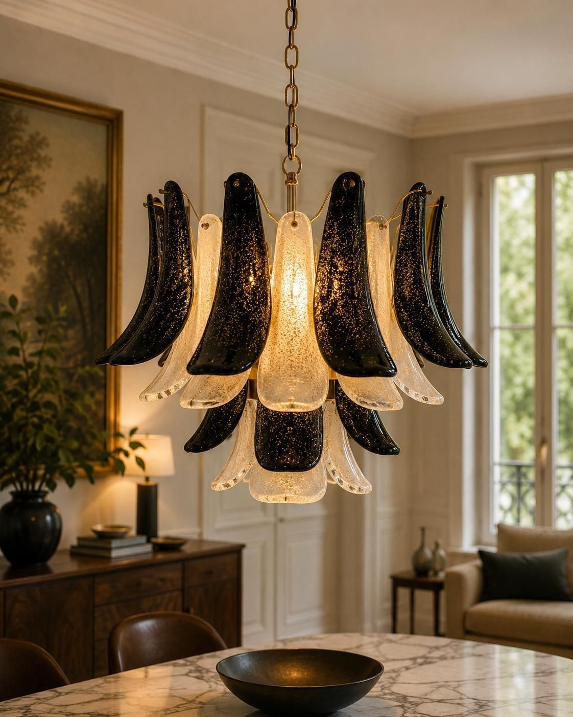 photo furniture Pair Italian Gold Inclusion Petal Chandeliers, Murano