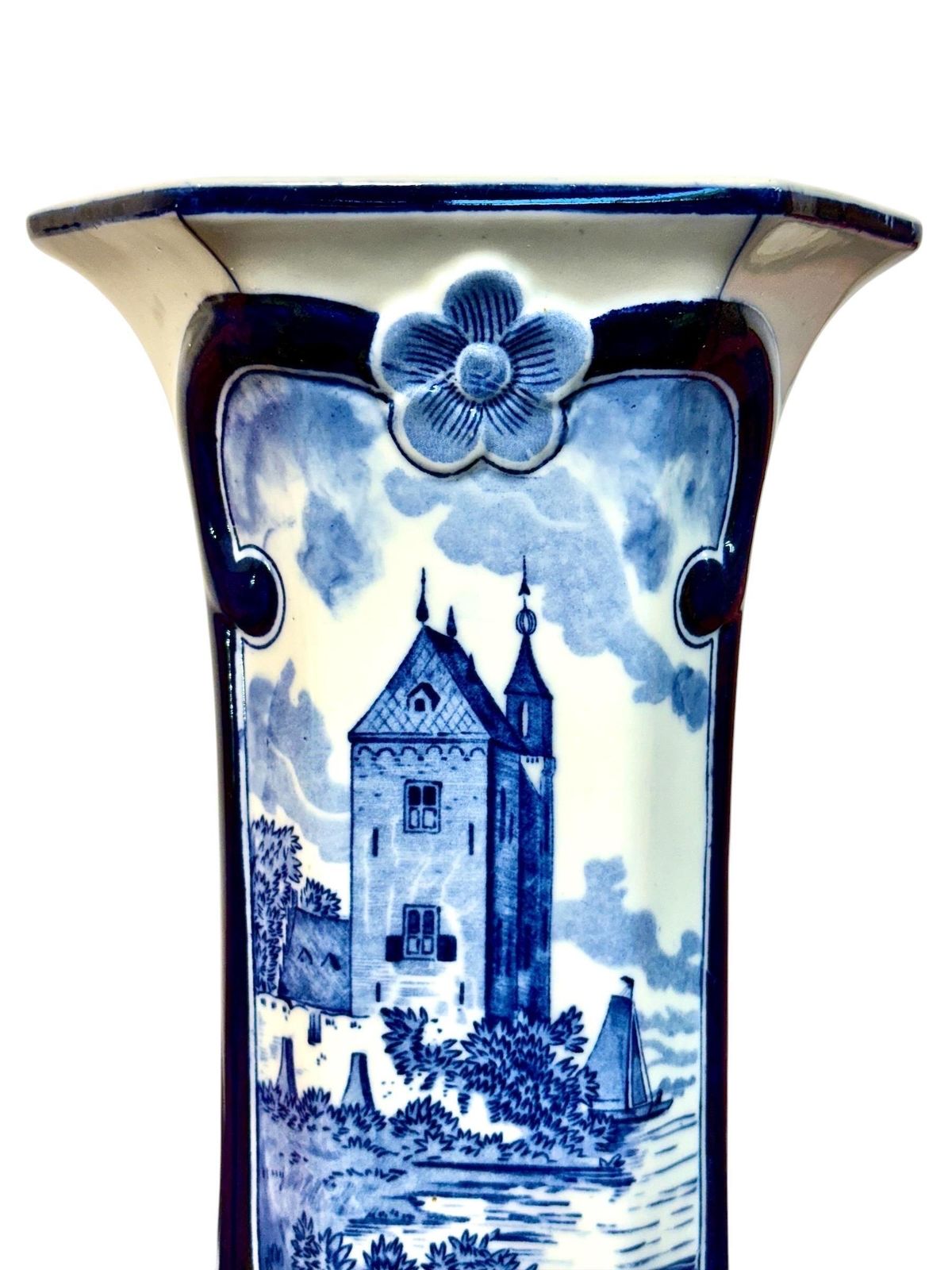 20th Century Delft White & Blue Scenic Faience Vase photo buy