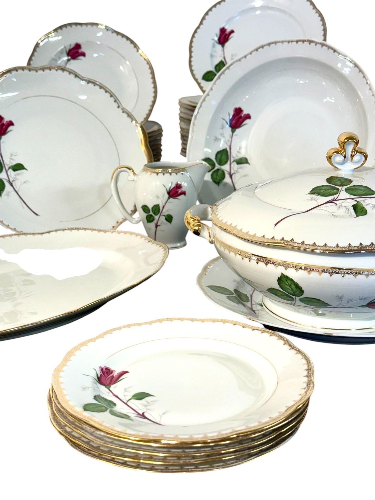 French Porcelain Dinner Service With Rose Motif, 45 Pieces photo furniture