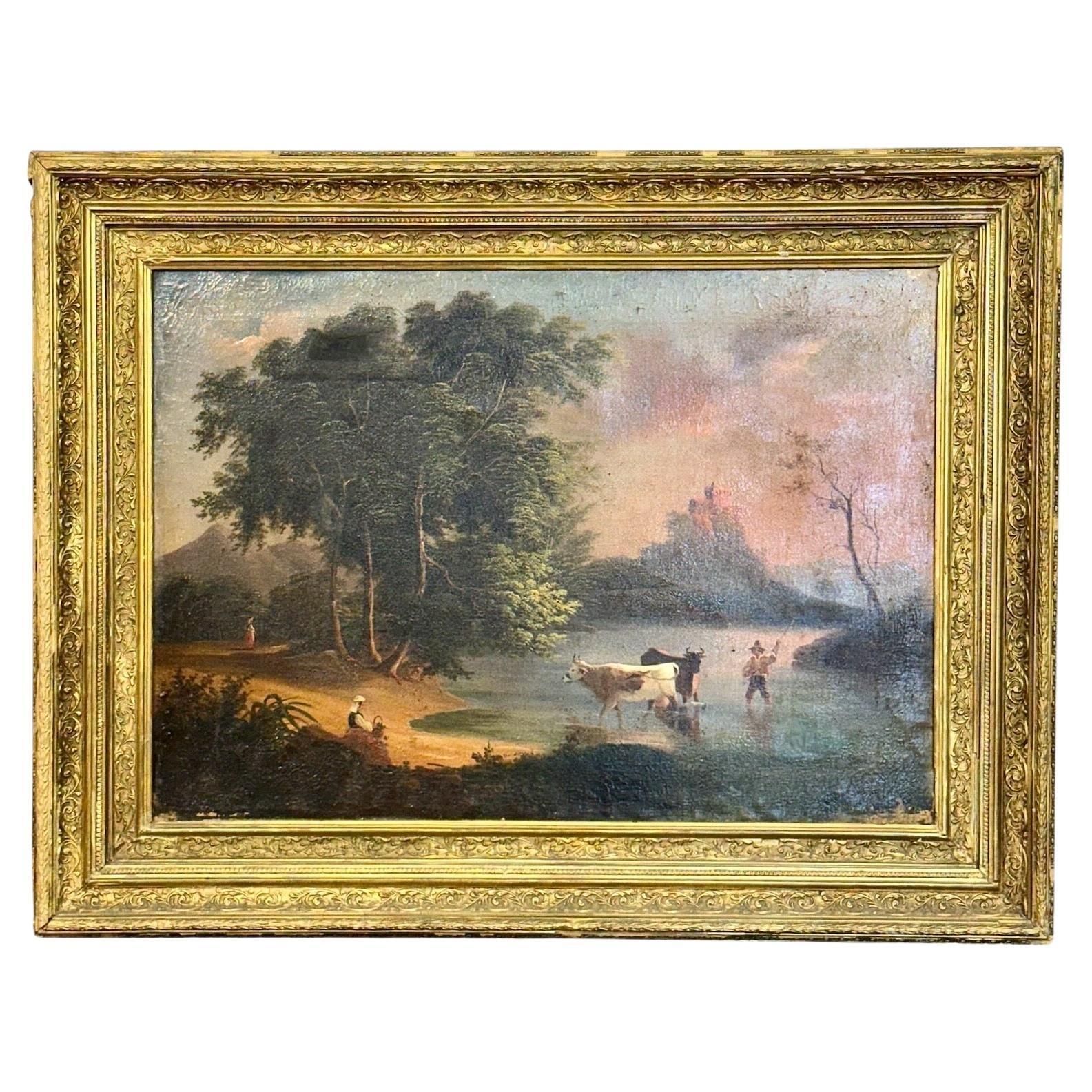 Late 19th Century Pastoral River Landscape Oil Painting, France 1888