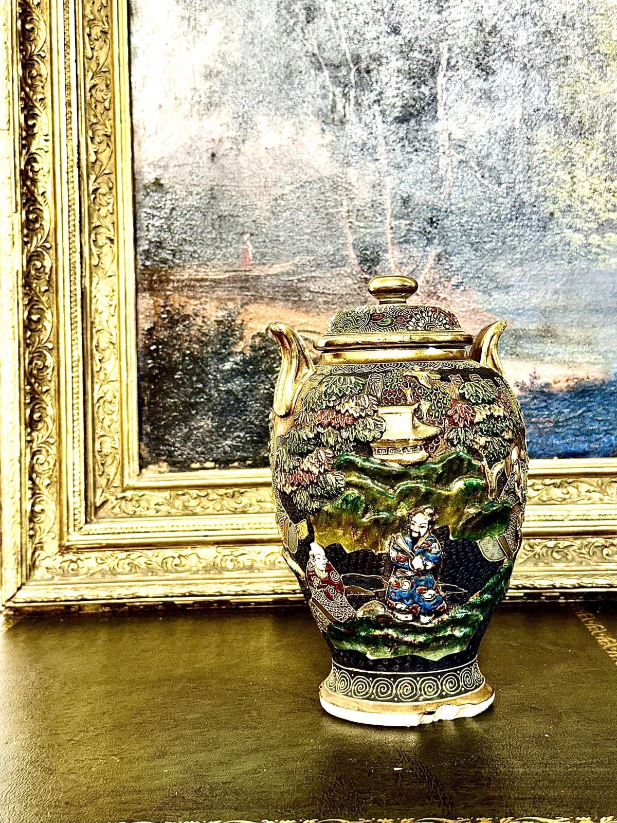 Japanese Satsuma Moriage Covered Vase With Figural Decoration photo furniture