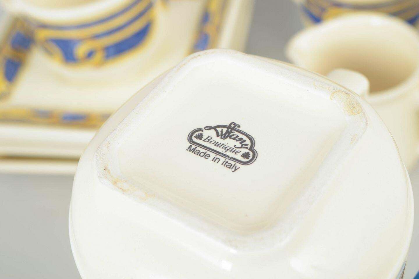 Tiffany Boutique. Set Of Four Coffee Cups With Saucers, Sugar Bowl And Creamer. photo Home Decor