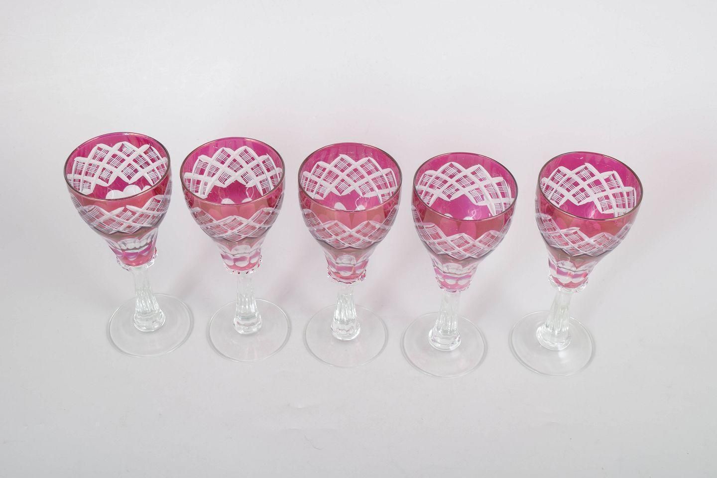 Set Of Five Bohemian Pink Crystal Wine Glasses With Cut Decoration. 1940s photo furniture