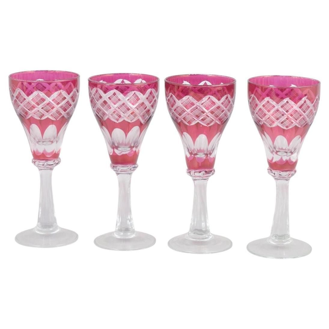 Set Of Four Bohemian Pink Crystal Wine Glasses With Cut Decoration. 1940s
