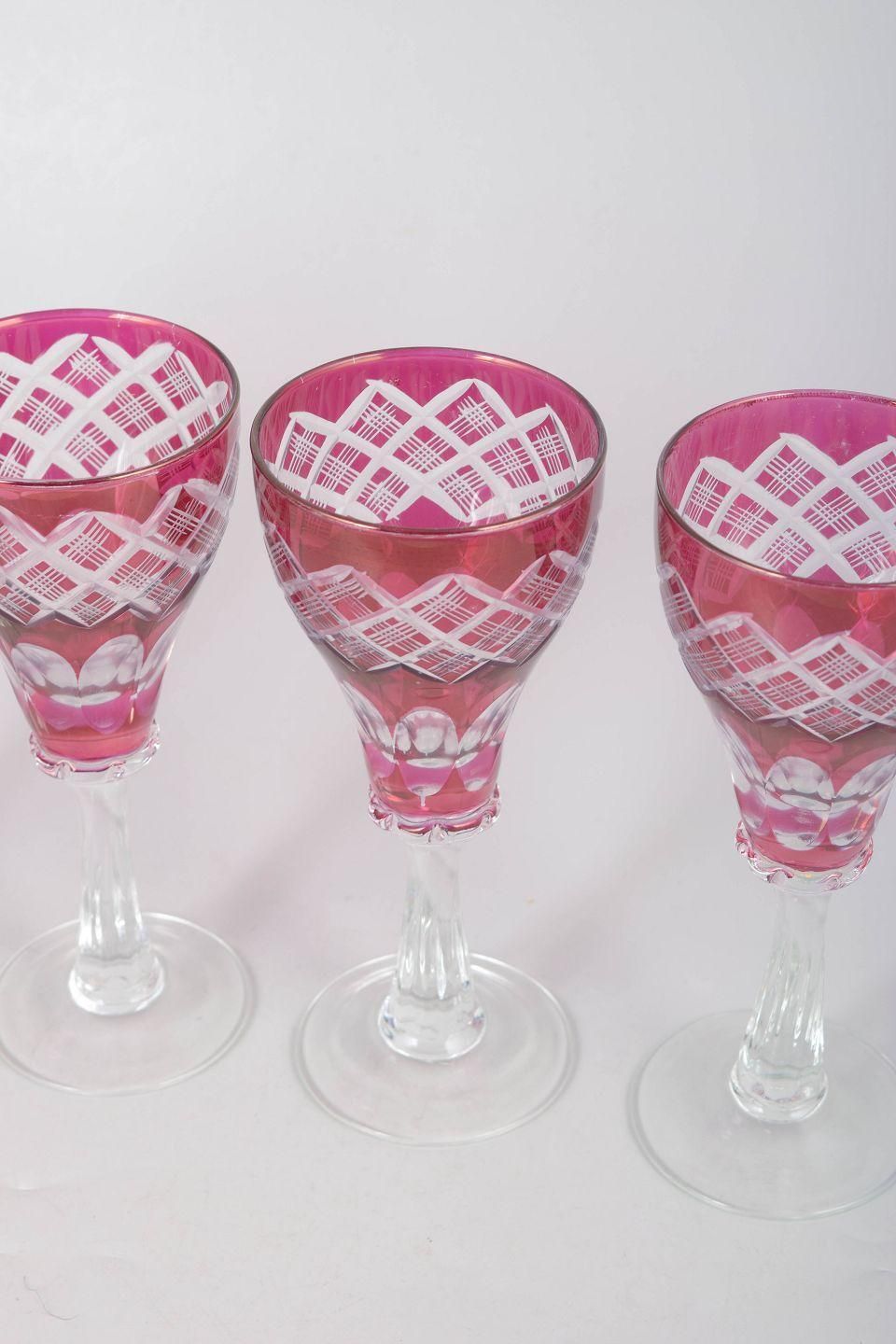 Set Of Four Bohemian Pink Crystal Wine Glasses With Cut Decoration. 1940s photo for sale