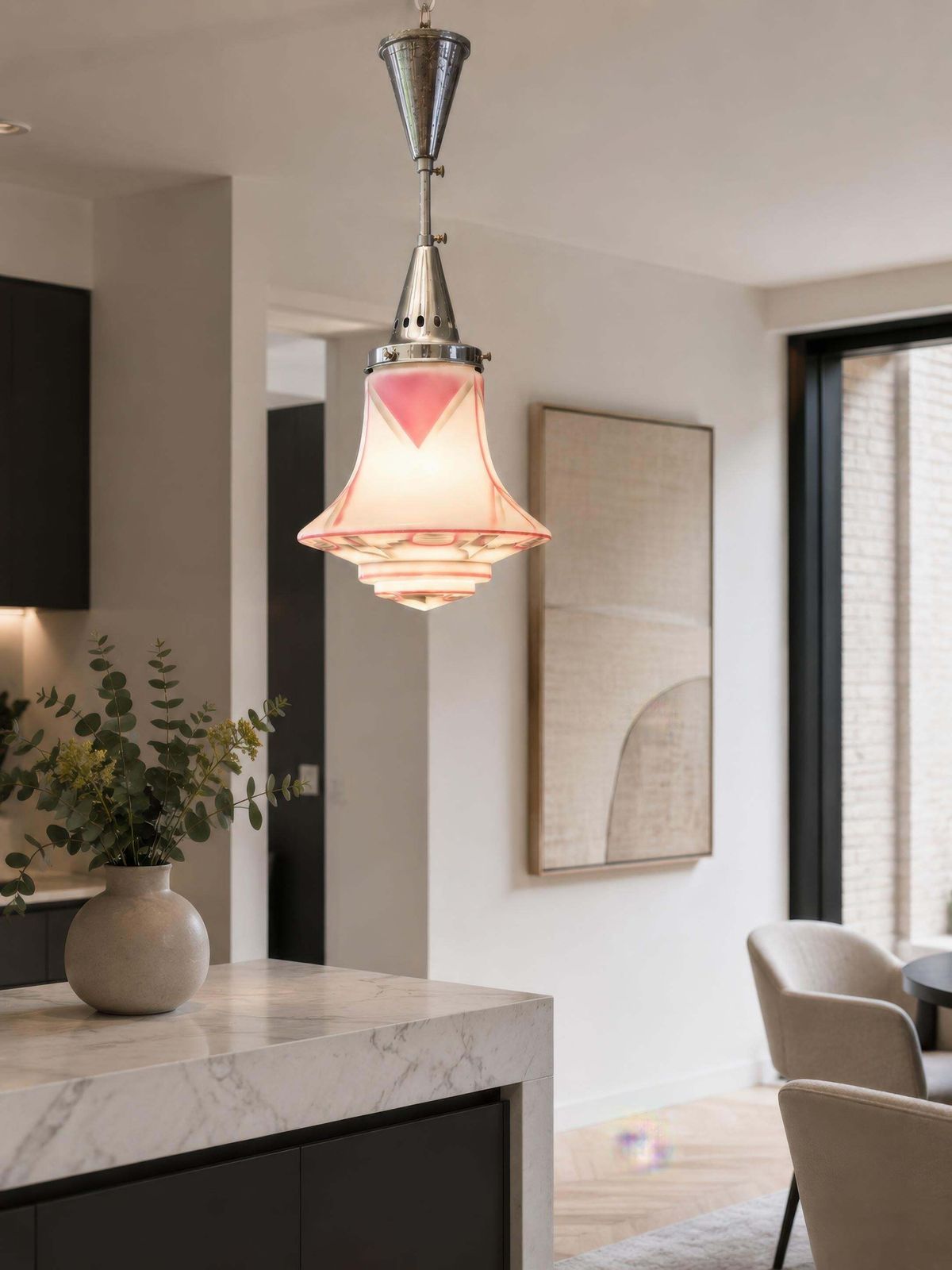 Art Deco Pink And White Frosted Glass Pendant Light, France, 1930s photo Lighting