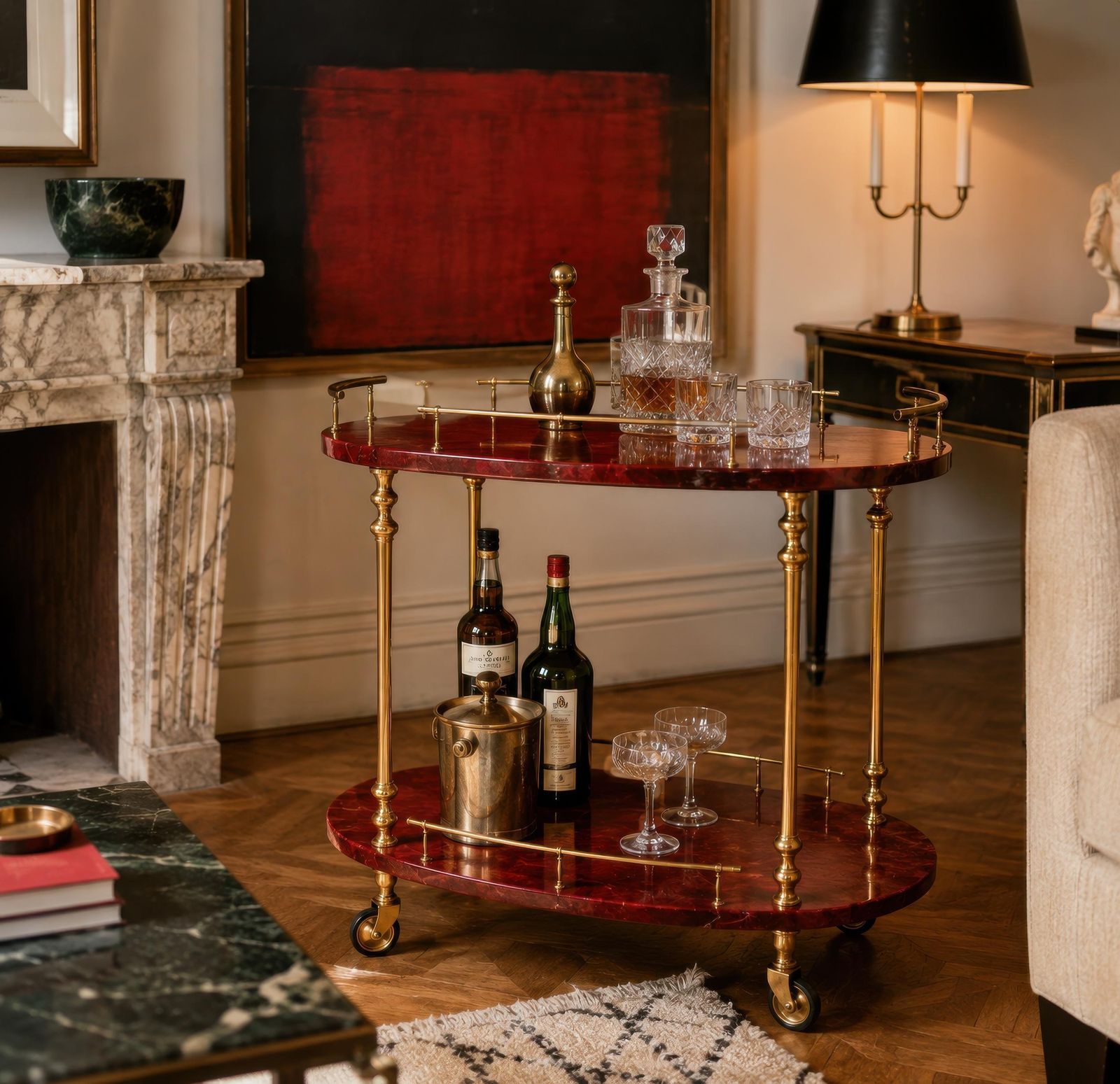 Attributed To Aldo Tura Red Goatskin And Brass Bar Cart, Italy, 1960s photo furniture