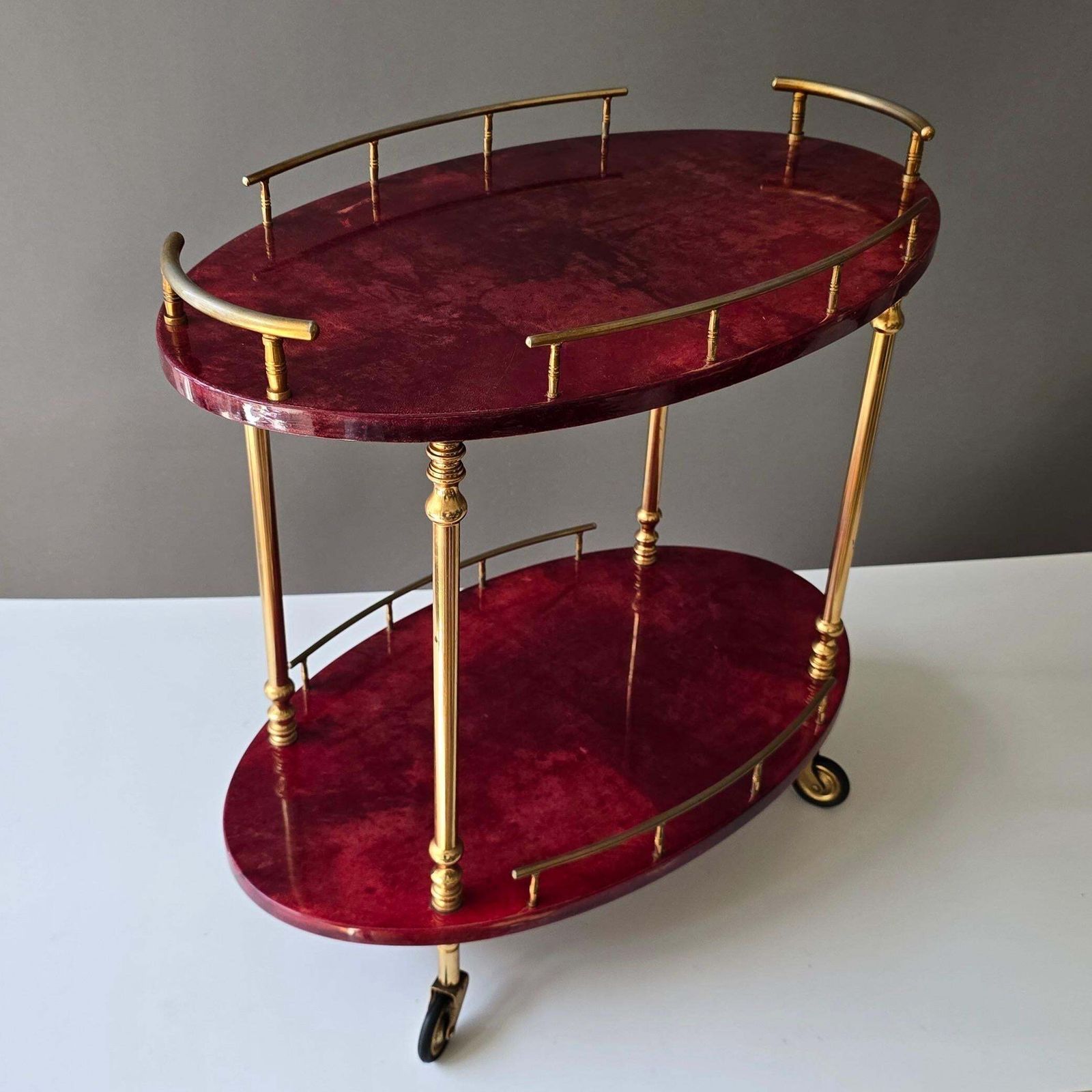 Attributed To Aldo Tura Red Goatskin And Brass Bar Cart, Italy, 1960s photo vintage