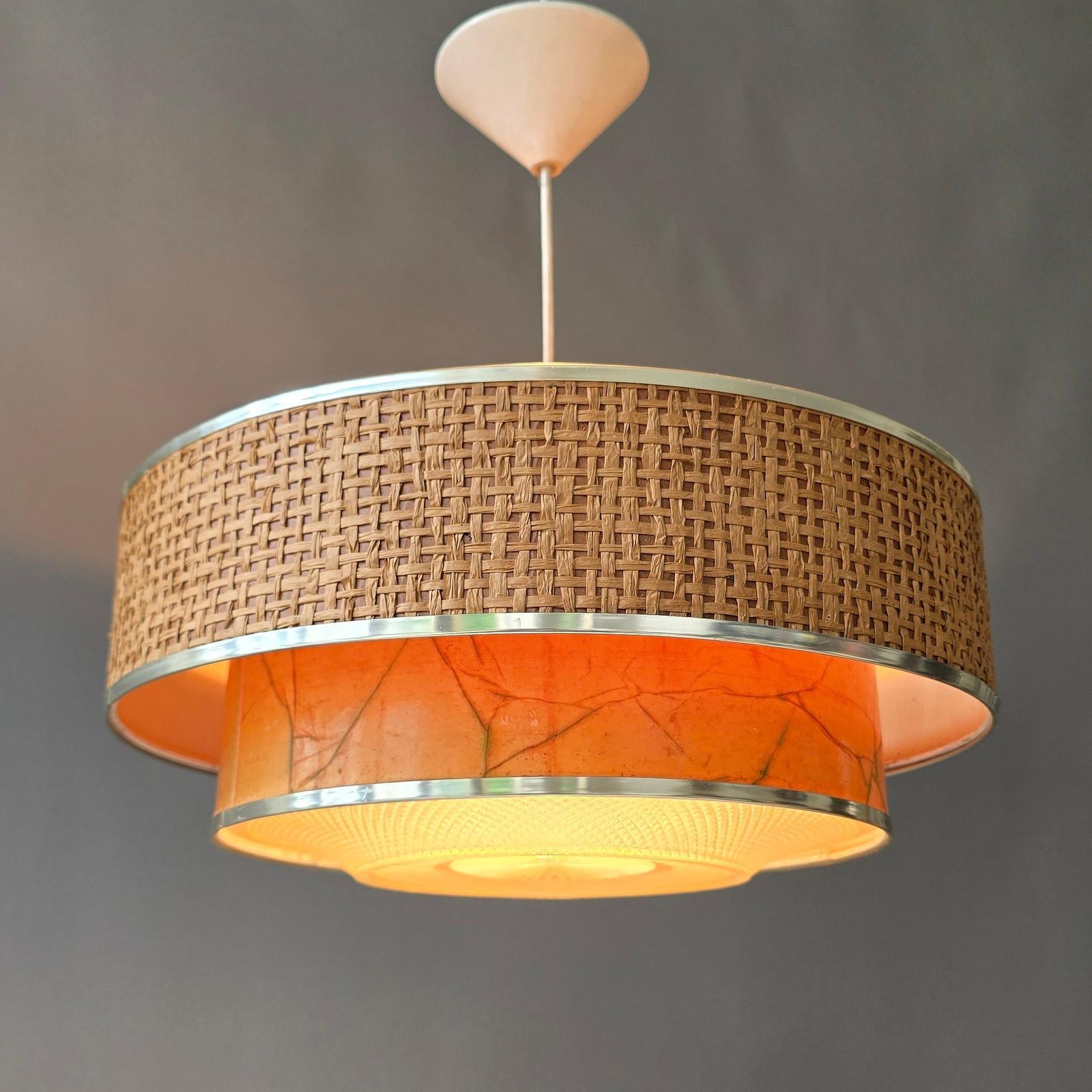 Italian Mid Century Woven Rattan And Marbled Paper Pendant Light, 1960s photo vintage