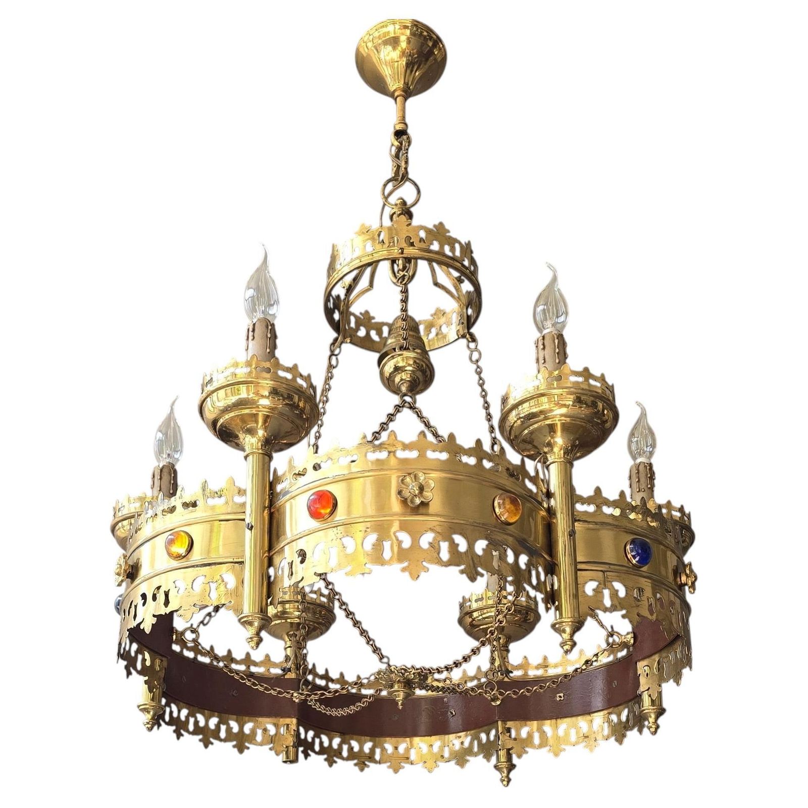 Large Gothic Revival Brass Crown Chandelier With Colored Glass Cabochons, Spain