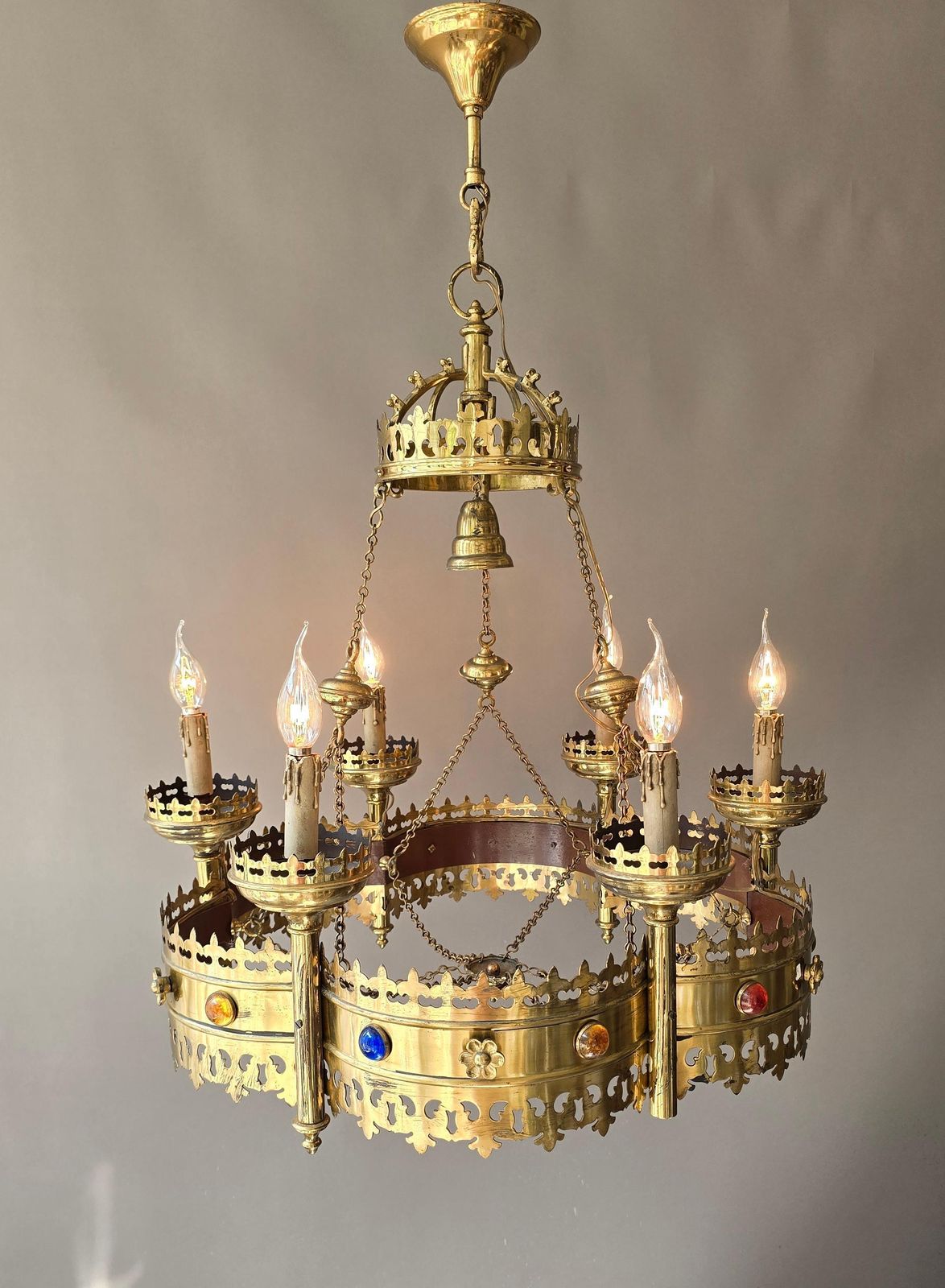 Large Gothic Revival Brass Crown Chandelier With Colored Glass Cabochons, Spain photo 4060.0