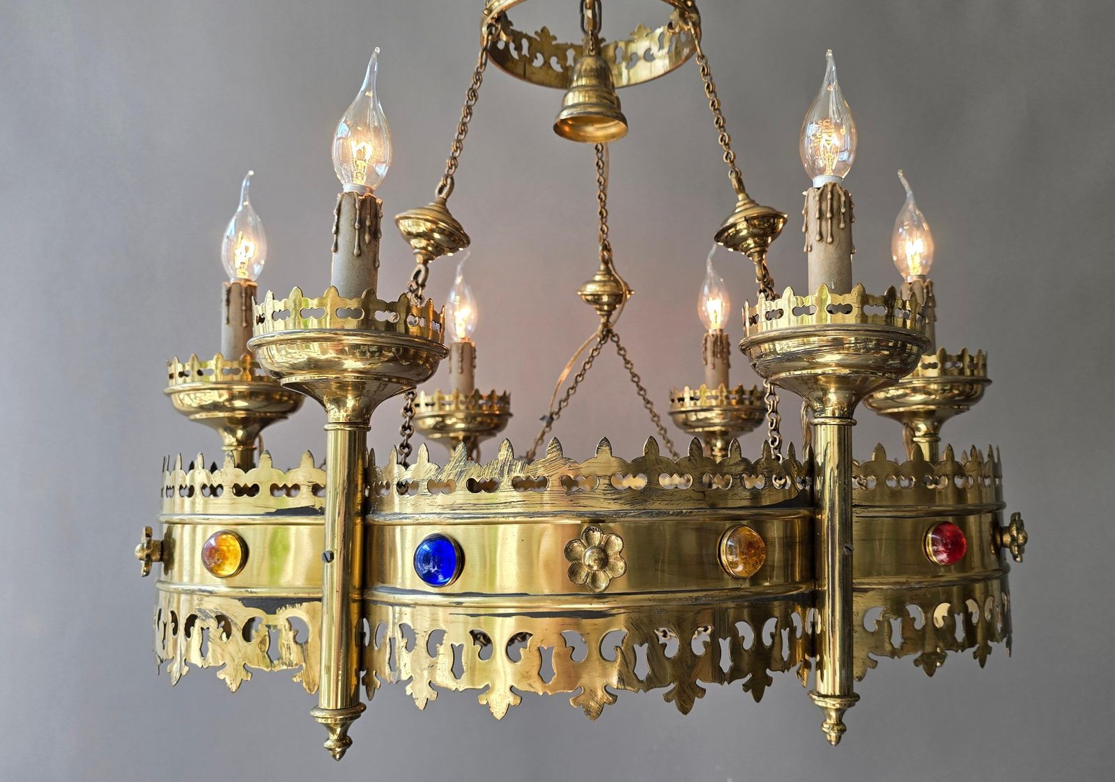 Large Gothic Revival Brass Crown Chandelier With Colored Glass Cabochons, Spain photo vintage