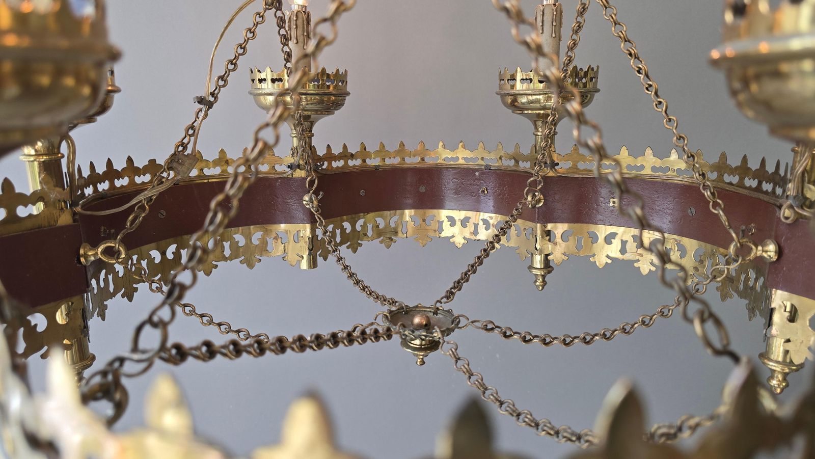 photo vinterior Large Gothic Revival Brass Crown Chandelier With Colored Glass Cabochons, Spain