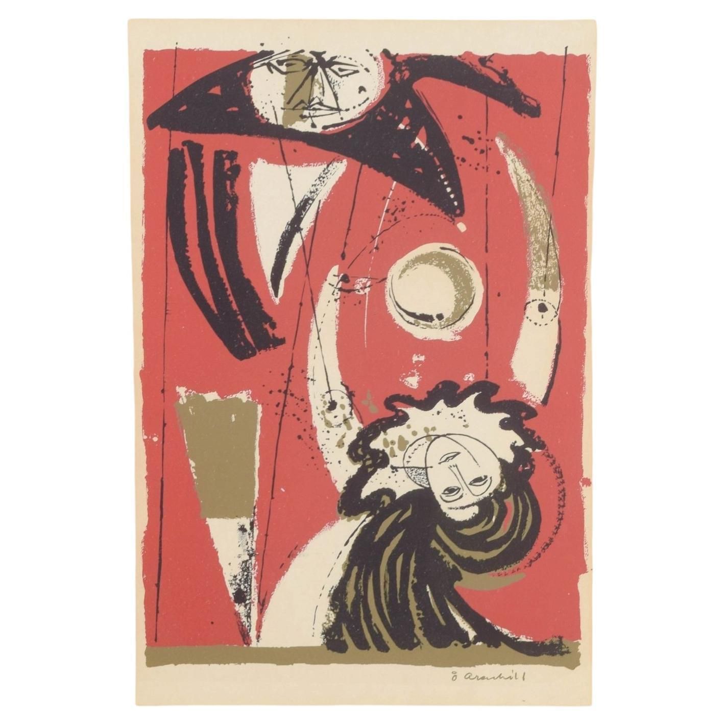 åke Arenhill. Color Lithograph. Composition With Cosmic Figures. Mid 20th C.