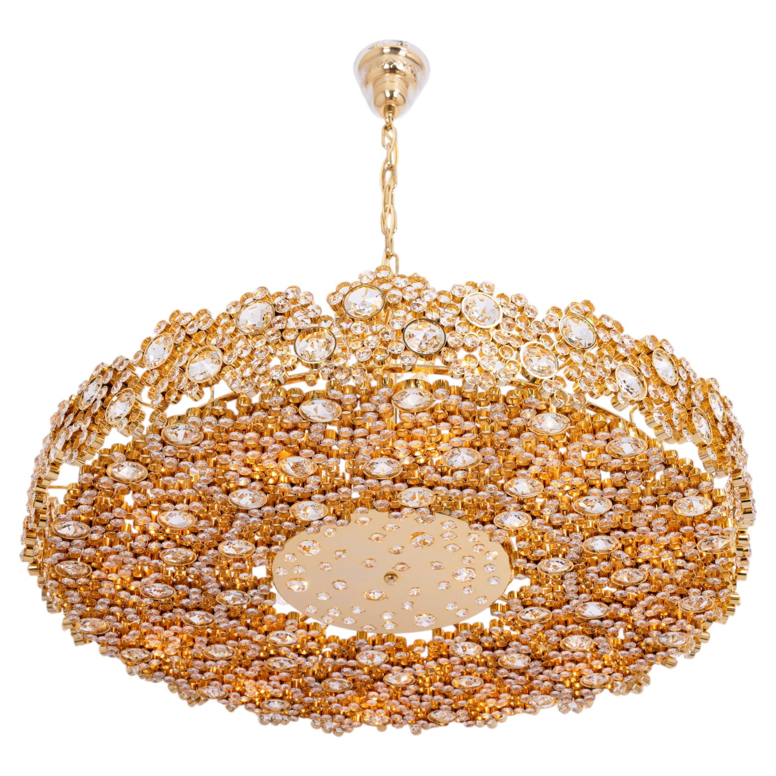 Huge Gilt Brass And Crystal Glass Encrusted Chandeliers By Palwa, Germany, 1970s