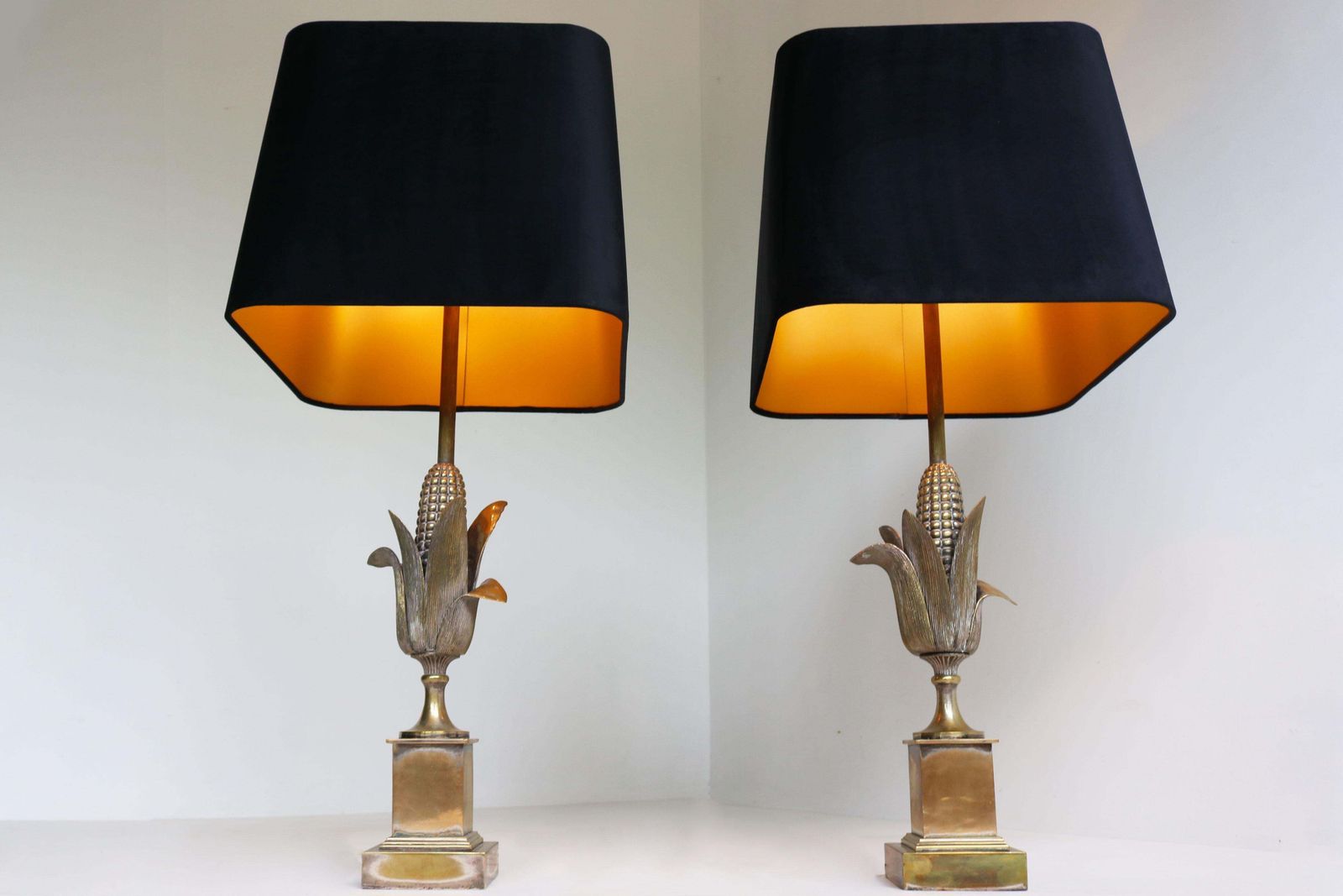 Rare Pair Of Maison Charles ''Corn'' Table Lamps 1950 France Regency Bronze photo for sale