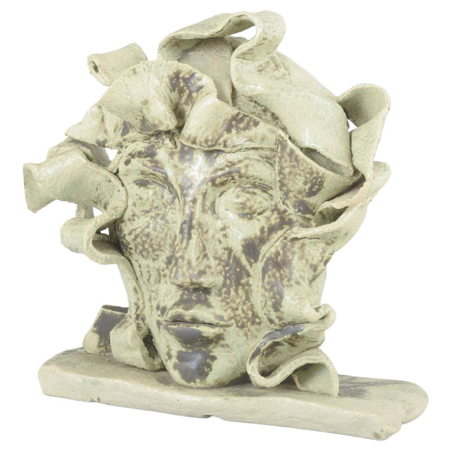 European Studio Potter. Stoneware Head Sculpture With Light And Brown Glaze.