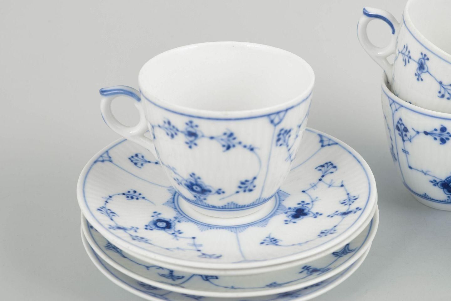 Royal Copenhagen, Blue Fluted Plain. Set Of Four Coffee Cups With Saucers. photo for sale
