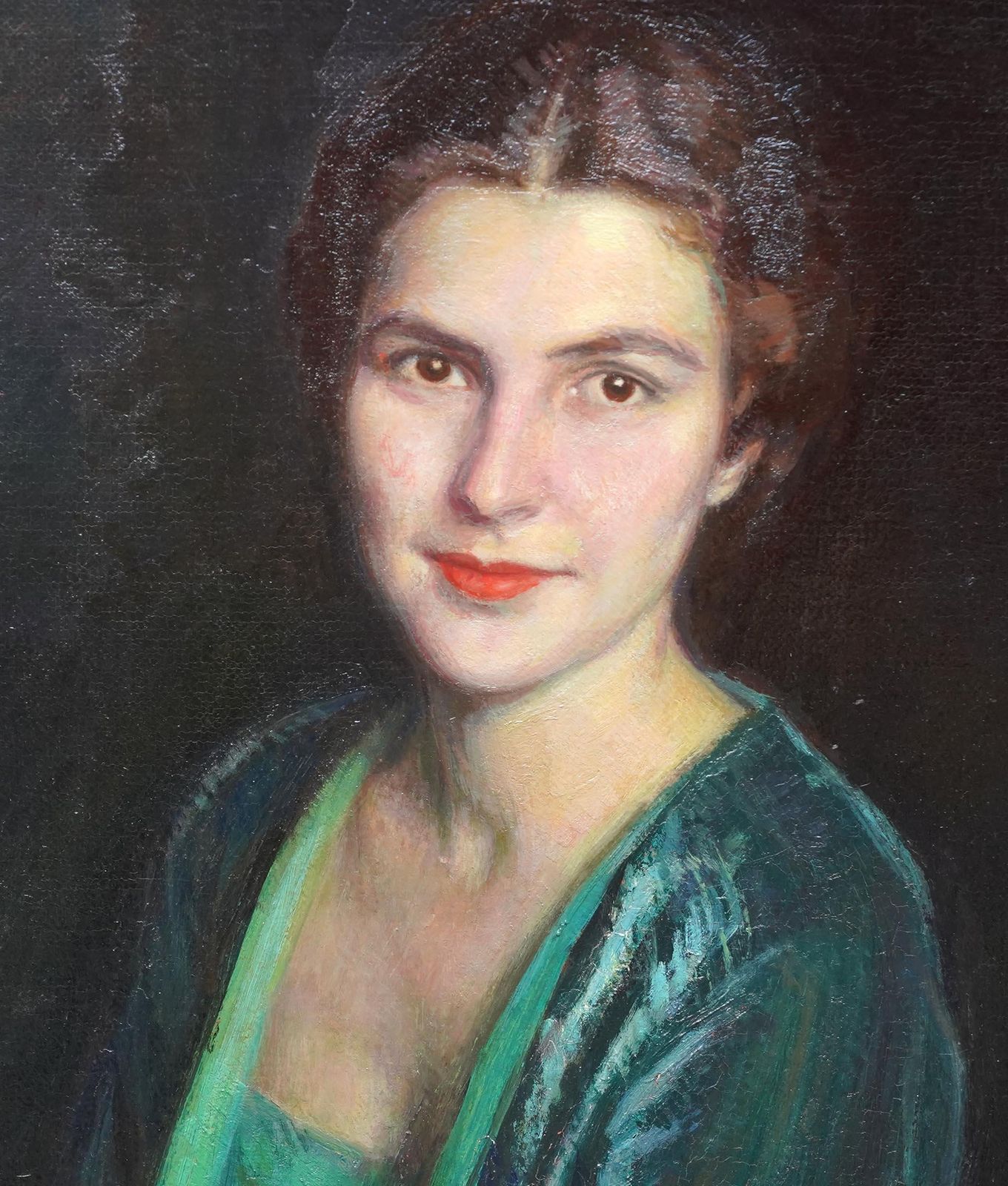 Art Deco Portrait Of Woman In Green Dress   Italian 1930's Art Oil Painting photo 7132.0