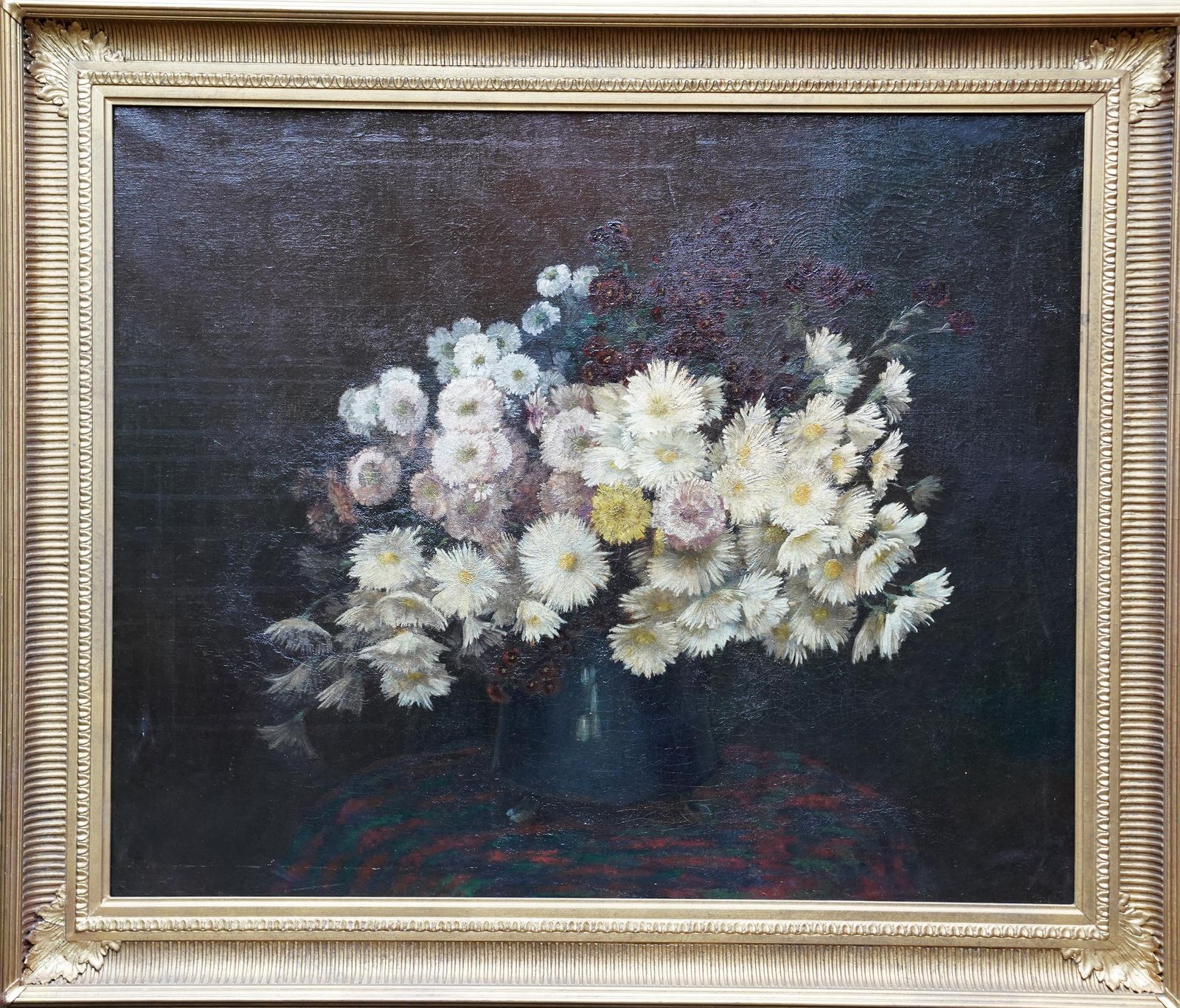 Yellow Chrysanthemums In Vase   French 19thc Floral Still Life Art Oil Painting