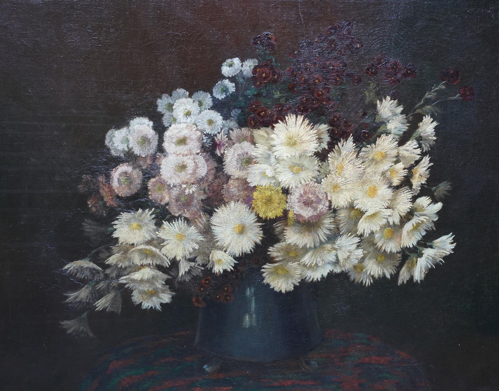 Yellow Chrysanthemums In Vase   French 19thc Floral Still Life Art Oil Painting photo for sale