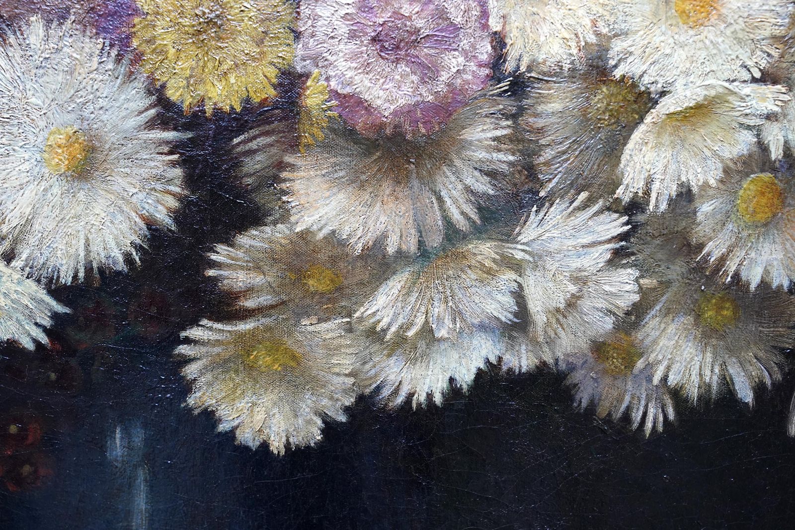 Yellow Chrysanthemums In Vase   French 19thc Floral Still Life Art Oil Painting photo vinterior