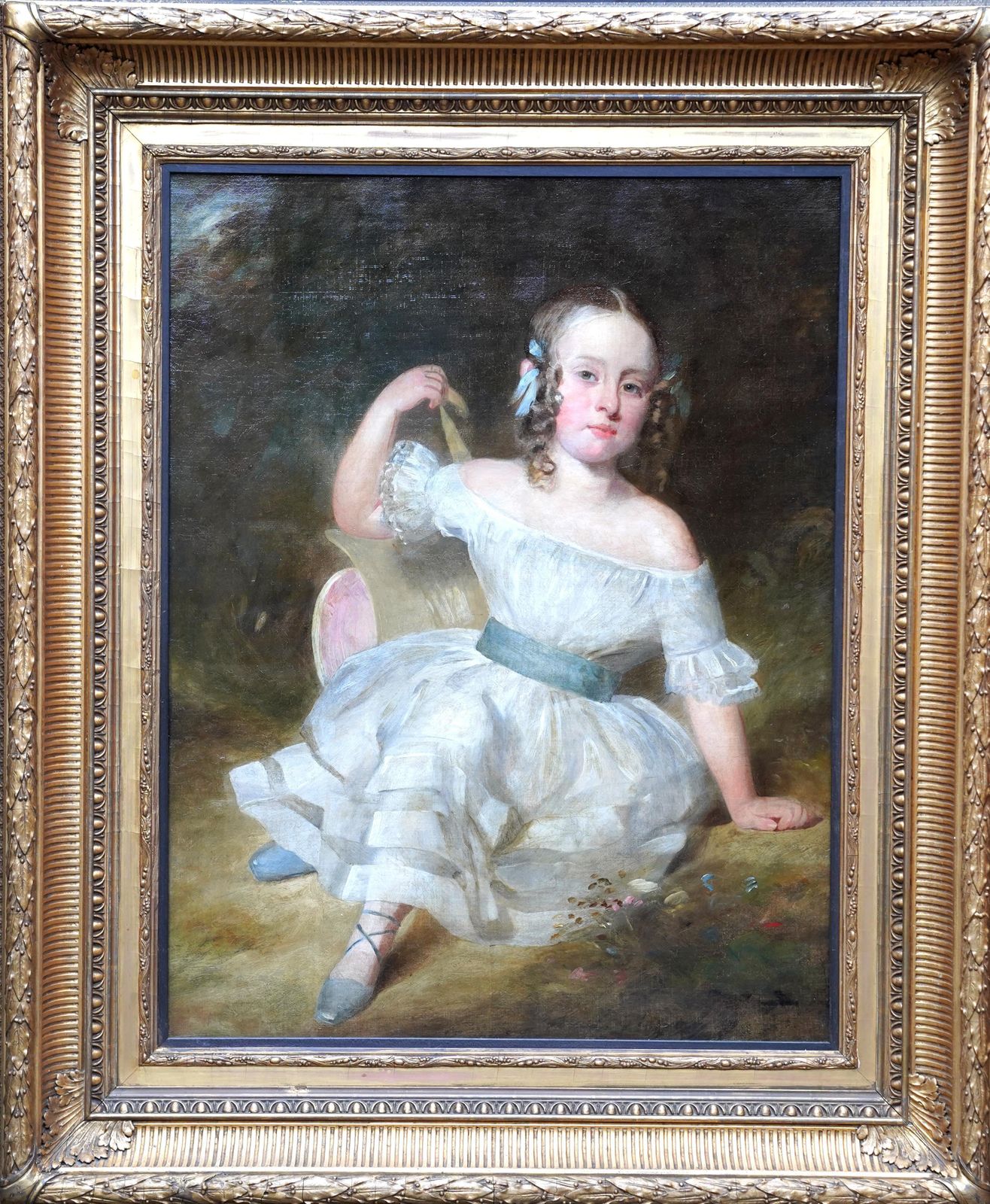 Art Portrait Of Girl With Blue Sash And Shoes   British Old Master Art Oil Painting photo