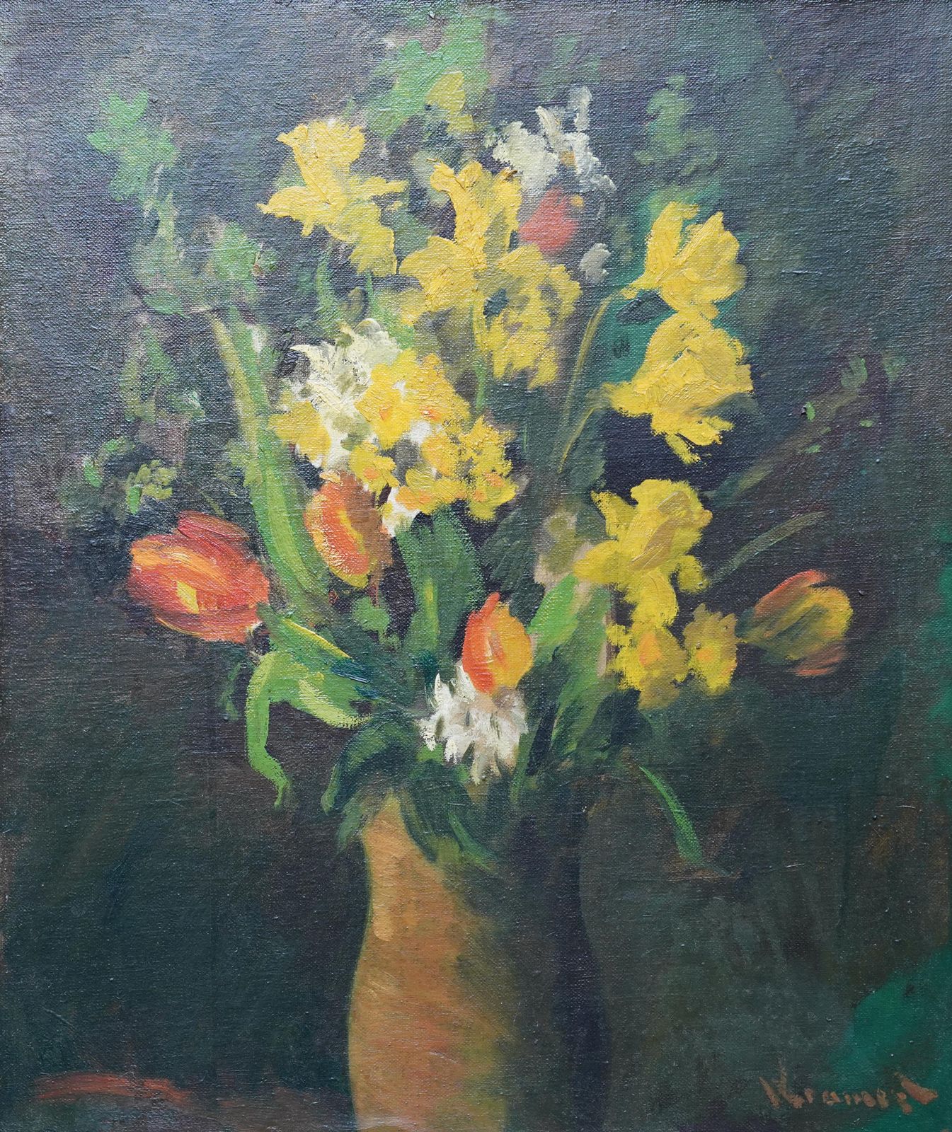 Spring Flowers In Vase   British Forties Exh. Art Floral Still Life Oil Painting photo furniture