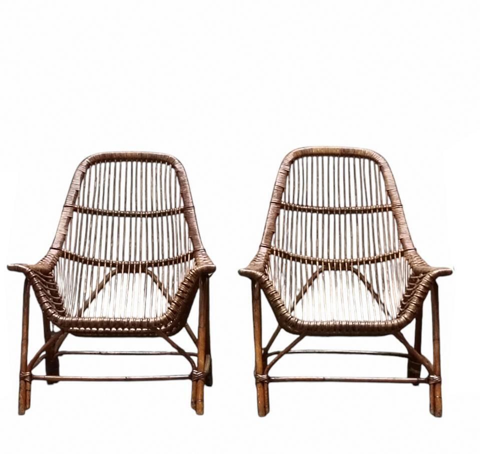 George Coslin For Gervasoni Pair Of Jungle Armchairs In Rattan, Italy 1960s photo furniture