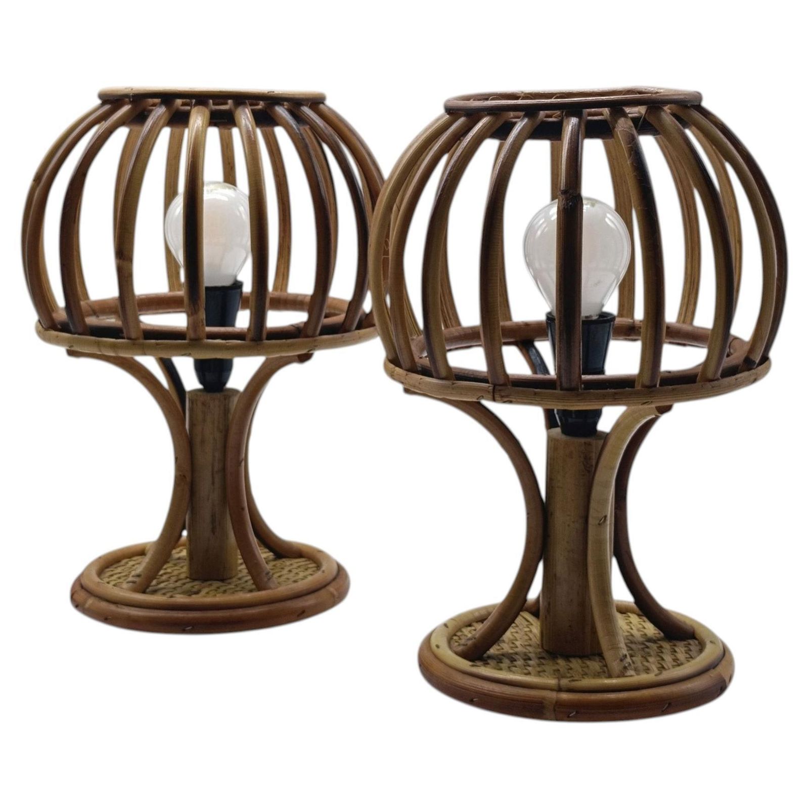 Louis Sognot Style Pair Of Rattan And Bambu' Table Lamps, Italy 1960s