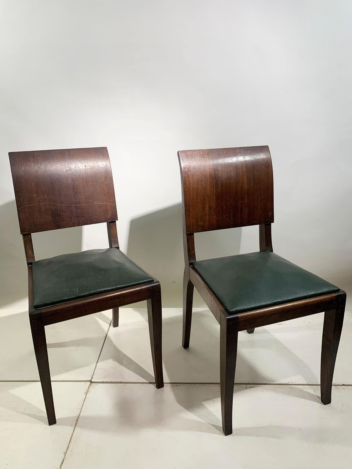 photo furniture Set Of 4 Art Deco Wooden Dining Chairs With Dark Green Leather Seats, 1930's