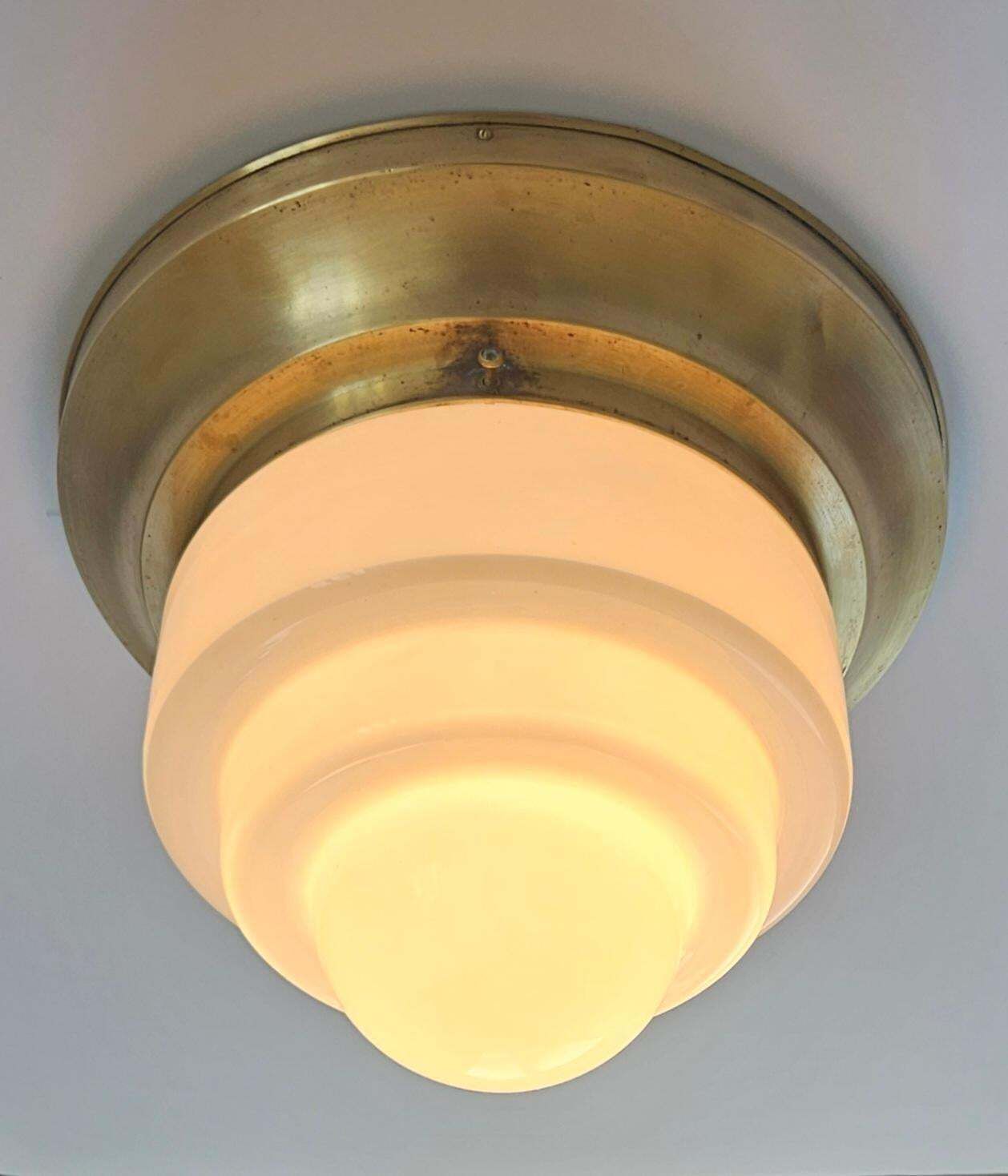 photo for sale Art Deco Zeldzame Messing en Melkglazen Plafondlamp – Franta Anyz, jaren 1930