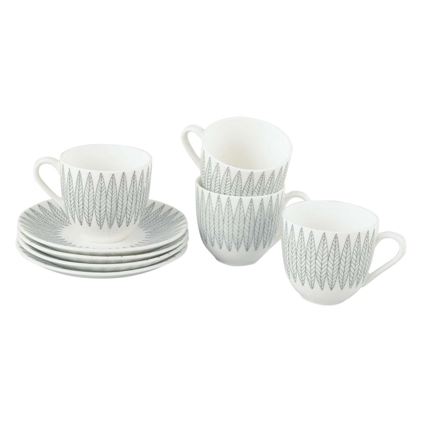 Stig Lindberg, Gustavsberg. Vier Faience Kopjes met Schotel. Grijs 'Salix' Patroon