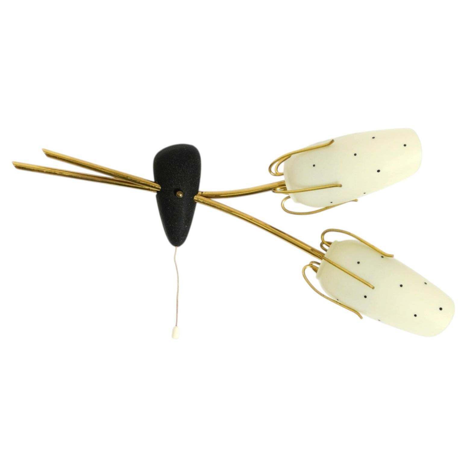 Beautiful, Extremely Rare Mid Century Brass Wall Lamp With Painted Glass Shades