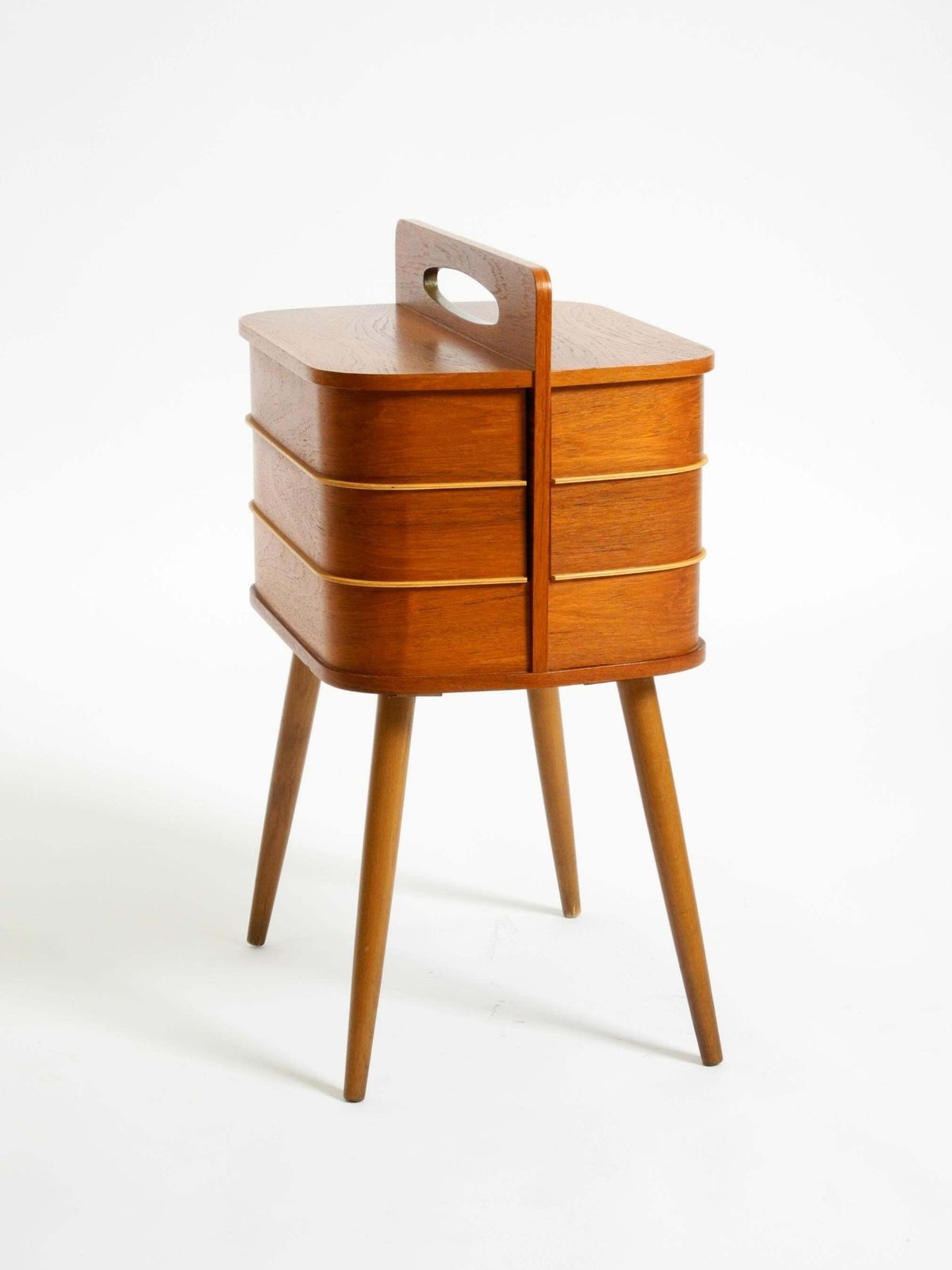 photo for sale Beautiful Original Mid Century Teak Sewing Box With Hinged Compartments