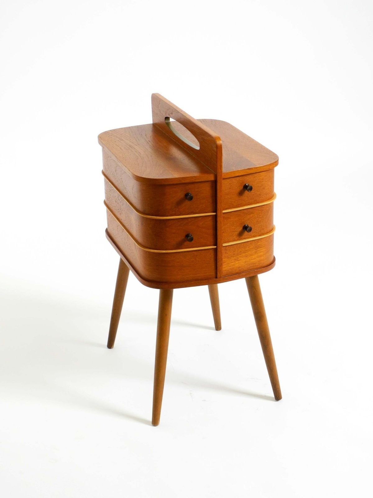 761.0 Beautiful Original Mid Century Teak Sewing Box With Hinged Compartments photo