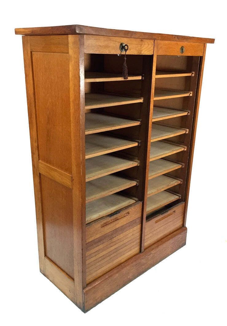 Antique 1950s Wood Oak Double Tambour Fronted Office Paper Filing Cabinet & Key photo for sale