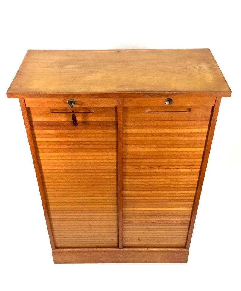 Antique 1950s Wood Oak Double Tambour Fronted Office Paper Filing Cabinet & Key photo vinterior