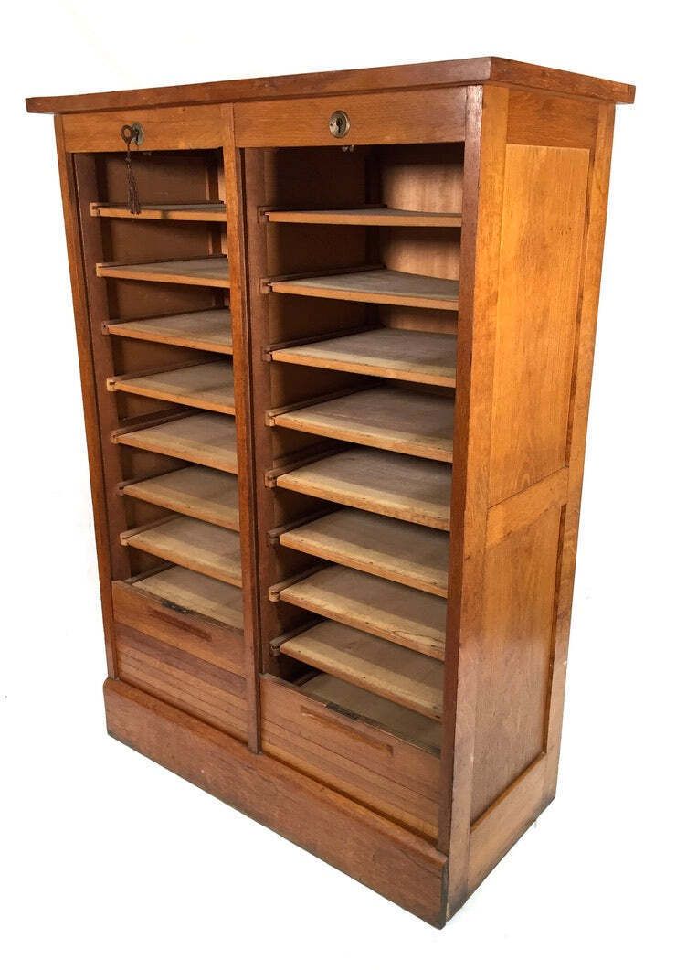 Antique 1950s Wood Oak Double Tambour Fronted Office Paper Filing Cabinet & Key photo vintage
