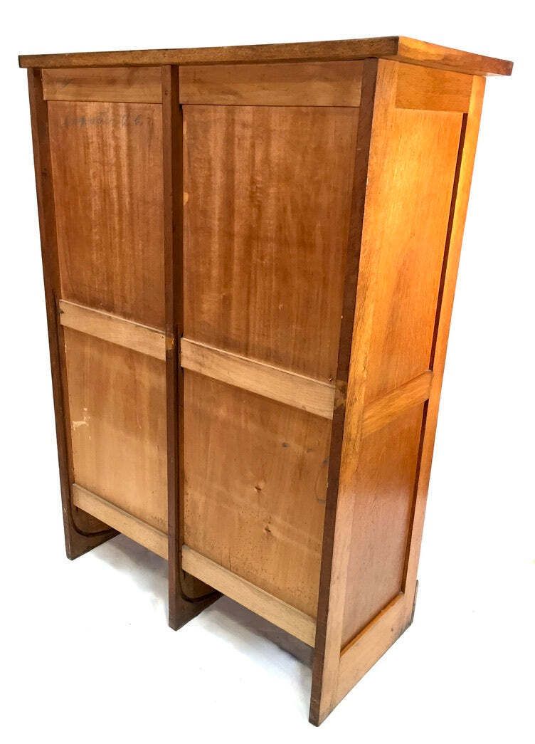 599.0 Antique 1950s Wood Oak Double Tambour Fronted Office Paper Filing Cabinet & Key photo