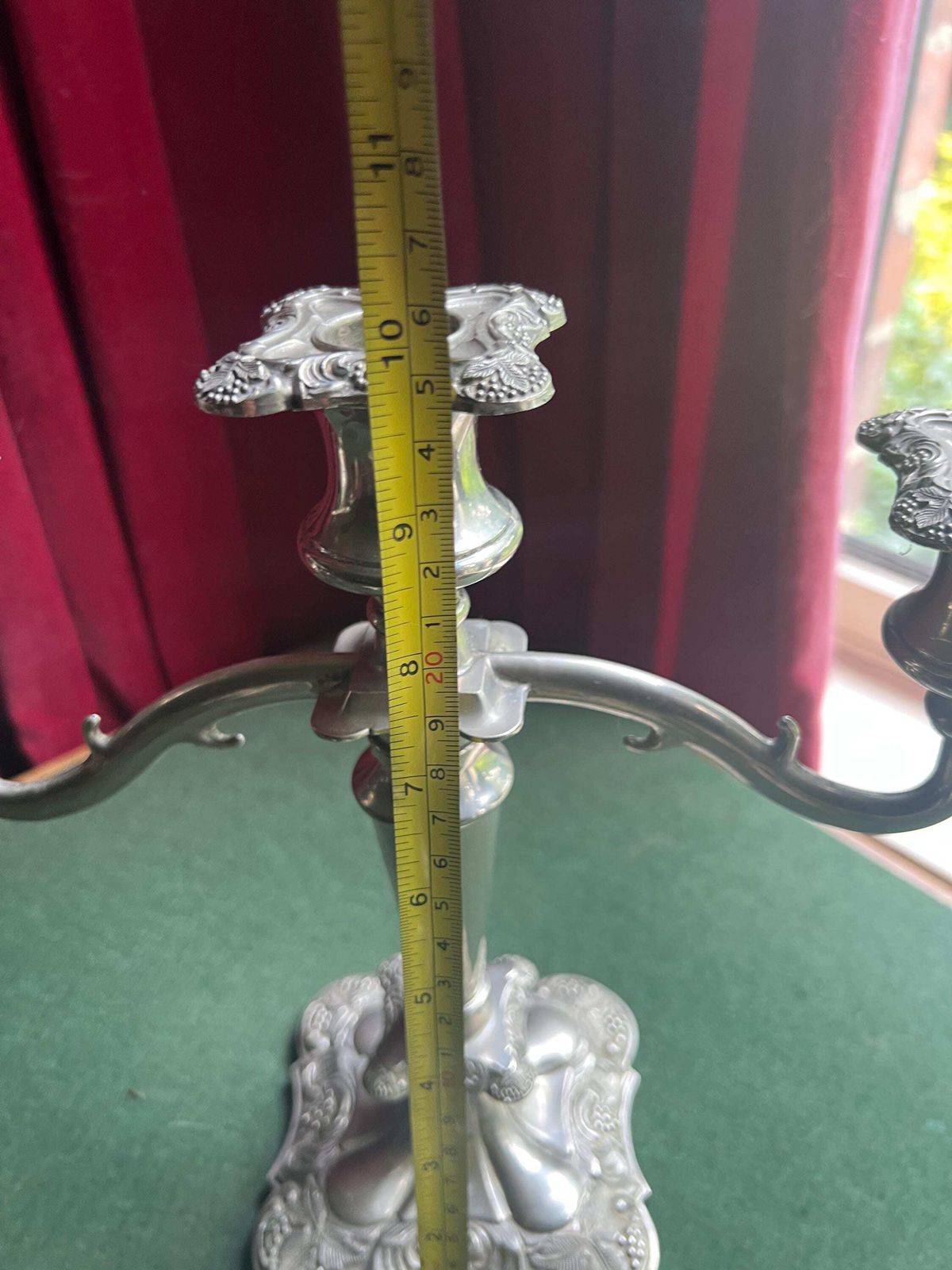 Pair Of Vintage Antique Candlestick Holders. Grape And Vine Pattern Silver Plated 3 Arm Candle Holders. Mismatched Heights. photo vinterior